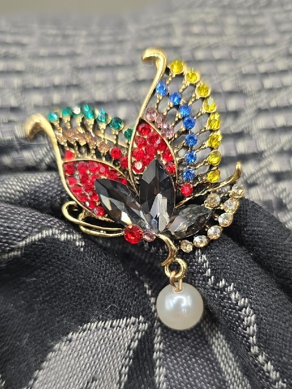 Colorful Butterfly W/ Faux Pearl Rhinestone Multicolor Costume Jewelry Whimsical